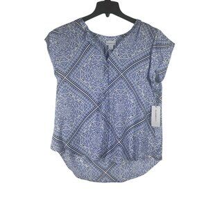 Liz Claiborne Blouse Women's Large Blue‎ & White Patterned SS Lightweight NEW